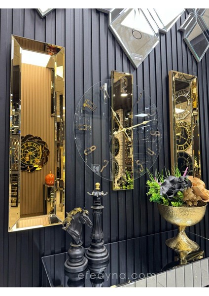 Şeffaf Duvar Saati ve Yan Ayna Seti, 3'lü Gold Tasarım, Şık ve Modern Dekorasyon.