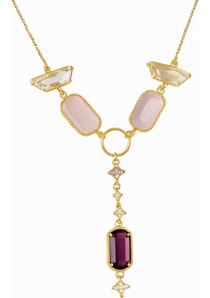 Çelik Pembe Taşlı Y Kolye