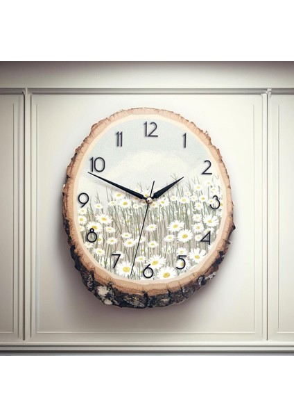 Kahverengi Kütükte Papatya Desenli Duvar Saati, Şık ve Doğal Dekorasyon Parçası