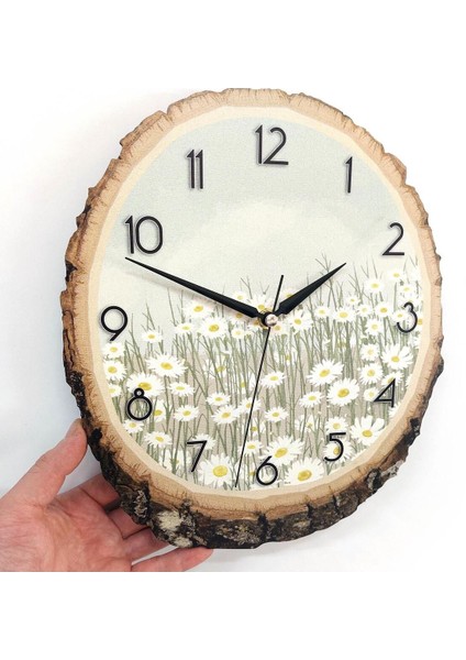 Kahverengi Kütükte Papatya Desenli Duvar Saati, Şık ve Doğal Dekorasyon Parçası