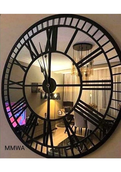 Şık Rustik Tarz Duvar Saati, Gümüş ve Siyah Işleme, 60 cm