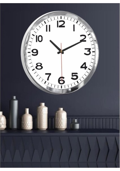 Gri 30 cm Krom Duvar Saati, Salona ve Odaya Şıklık Katacak Dekorasyon Parçası