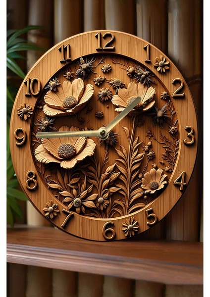 Şık Yuvarlak Ahşap Duvar Saati, Kuvars Hareketli, 3D ve 2d Tasarım