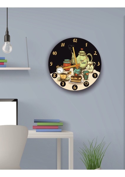 Renkli Dekoratif Mutfak Saati ve Fincan Takımı, 30 cm Çap, Şık ve Kullanışlı Tasarım