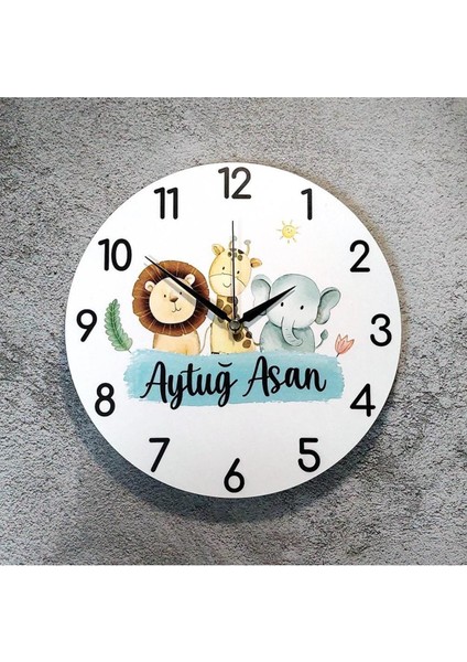 Sevimli Hayvan Figürlü Çocuk Odası Duvar Saati, Beyaz, Isme Özel Tasarım