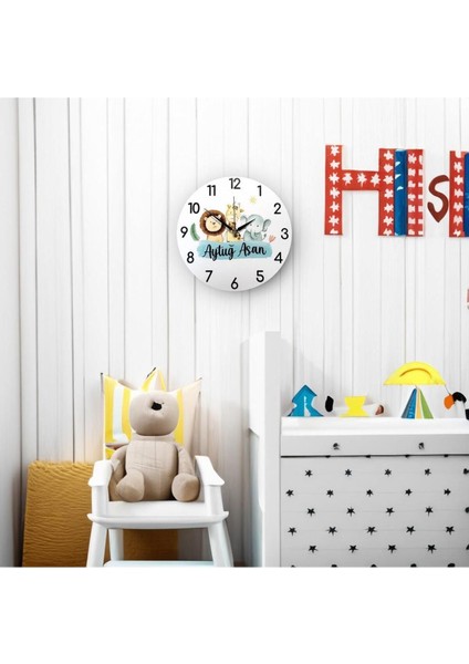 Sevimli Hayvan Figürlü Çocuk Odası Duvar Saati, Beyaz, Isme Özel Tasarım modelleri