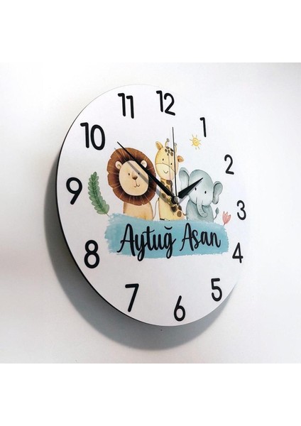 Sevimli Hayvan Figürlü Çocuk Odası Duvar Saati, Beyaz, Isme Özel Tasarım