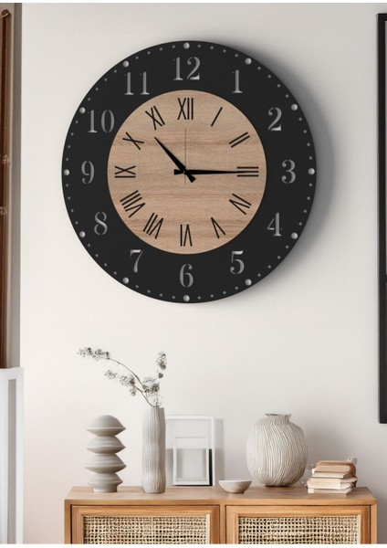 Büyük Boy Modern Siyah Meşe Duvar Saati Romen ve Türkçe Rakamlı Şık Tasarım