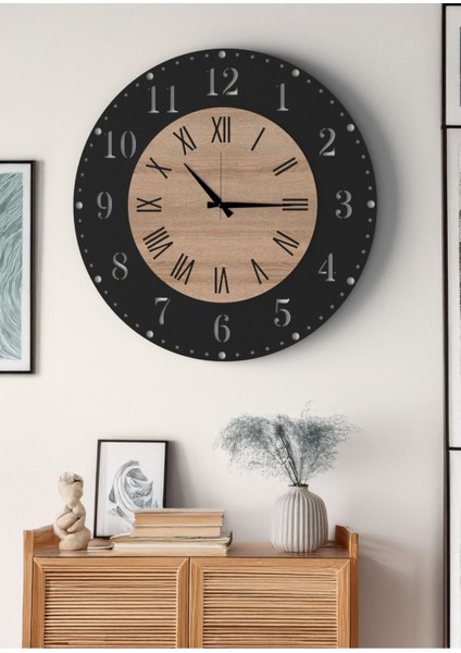 Büyük Boy Modern Siyah Meşe Duvar Saati Romen ve Türkçe Rakamlı Şık Tasarım