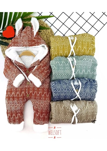 9-12-18-24 Ay Düğme Kapamalı Kulaklı Kapşonlu Motif Desenli Örme Kumaş Kız Erkek Bebek Tulumu Lacivert