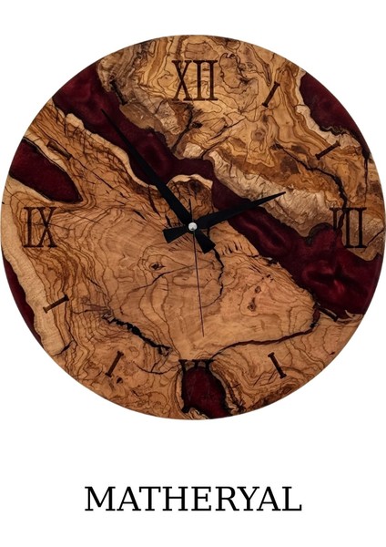 El Yapımı Mavi Epoksi Zeytin Ağacı Ahşap Duvar Saati, Sessiz Mekanizma, 35 cm