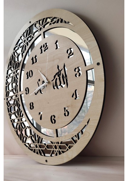 Ahşap ve Aynalı, Dini Motifli Şık Duvar Saati, Modern ve Şık Tasarım
