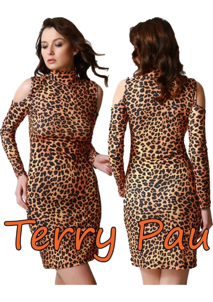 TP101193 Leopar Desenli Omuz Açık Elbise