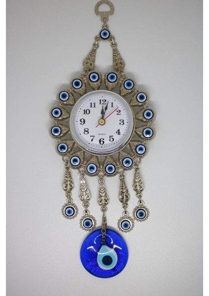Şeffaf Cam, Nazar Boncuklu Metal Kaplama Duvar Saati, Şık Dekoratif Aksesuar