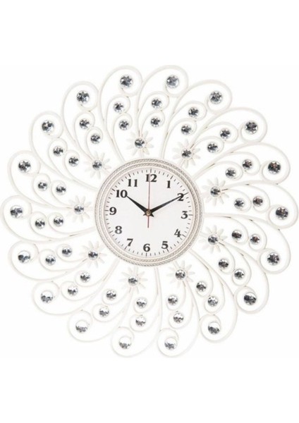 Şık Akrilik Döküm Ayna ve Ferforje Desenli Beyaz Duvar Saati