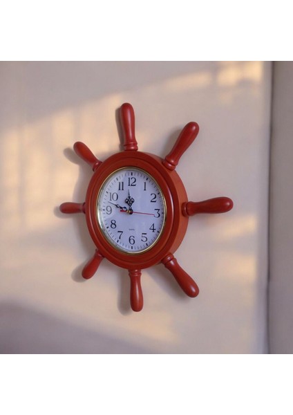 Eskitme Kiraz Ahşap Gemici Dümen Duvar Saati, 38 cm Çap, Şık Dekoratif Tasarım
