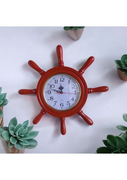 Eskitme Kiraz Ahşap Gemici Dümen Duvar Saati, 38 cm Çap, Şık Dekoratif Tasarım