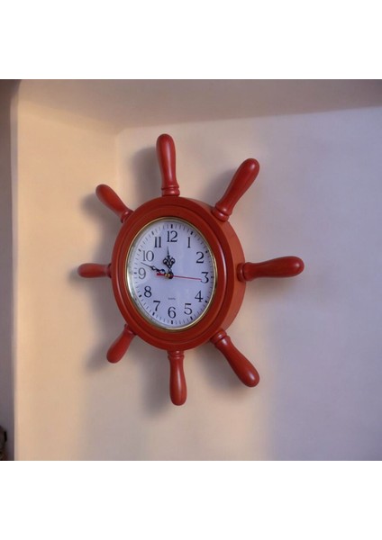 Eskitme Kiraz Ahşap Gemici Dümen Duvar Saati, 38 cm Çap, Şık Dekoratif Tasarım