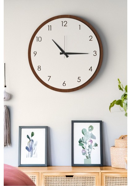 Modern Ahşap Duvar Saati, Kahverengi-Beyaz, 48CM, Şık ve Dekoratif Tasarım