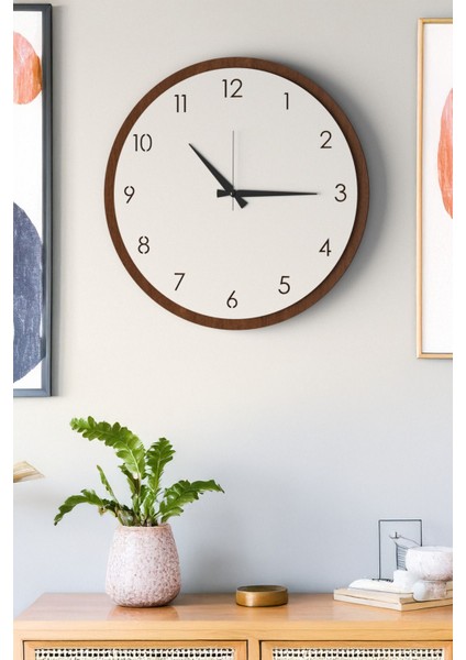 Modern Ahşap Duvar Saati, Kahverengi-Beyaz, 48CM, Şık ve Dekoratif Tasarım