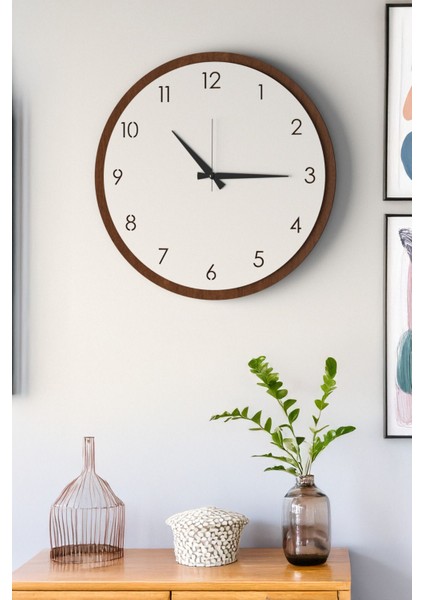 Modern Ahşap Duvar Saati, Kahverengi-Beyaz, 48CM, Şık ve Dekoratif Tasarım