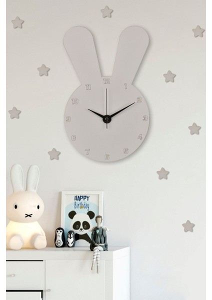 Beyaz Tavşan Figürlü Ahşap Çocuk Odası Duvar Saati 25X40 Cm, Yıldız Hediye