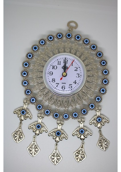 Gümüş Renk Nazar Boncuklu Metal Duvar Saati Dekoratif Süs