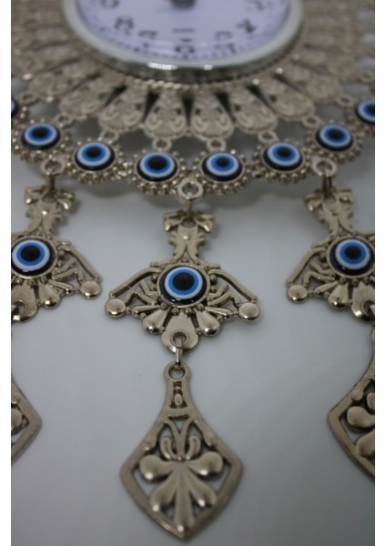 Gümüş Renk Nazar Boncuklu Metal Duvar Saati Dekoratif Süs fiyatları