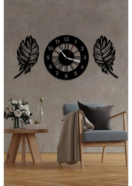 Yapraklı Roma ve Latin Rakamlı Ahşap Duvar Saati, 50CM, Siyah Renk