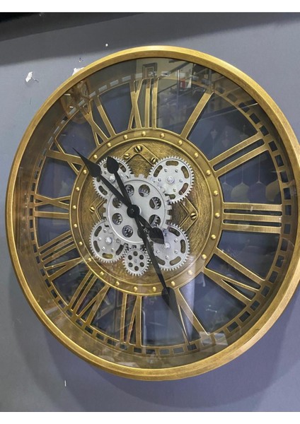 Altın Renkli Metal Görünümlü Çark Detaylı Duvar Saati, 50 cm