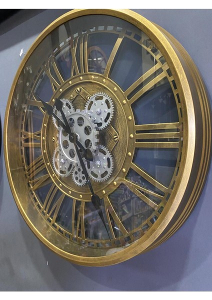 Altın Renkli Metal Görünümlü Çark Detaylı Duvar Saati, 50 cm fiyatları