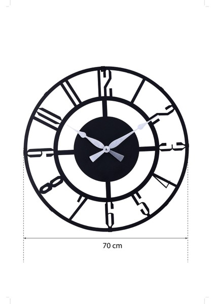 70CM Siyah Metal Duvar Saati, Sessiz Mekanizma, Modern Tasarım