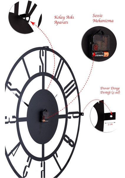 70CM Siyah Metal Duvar Saati, Sessiz Mekanizma, Modern Tasarım