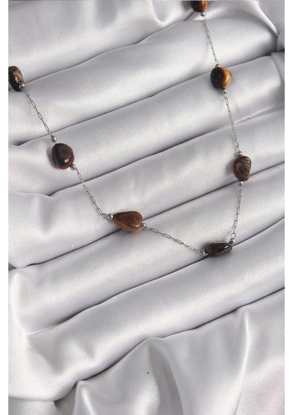 316L Çelik Gümüş Renk Zincir Kahverengi Doğaltaş Model Kadın Kolye - TJ-BKO9662
