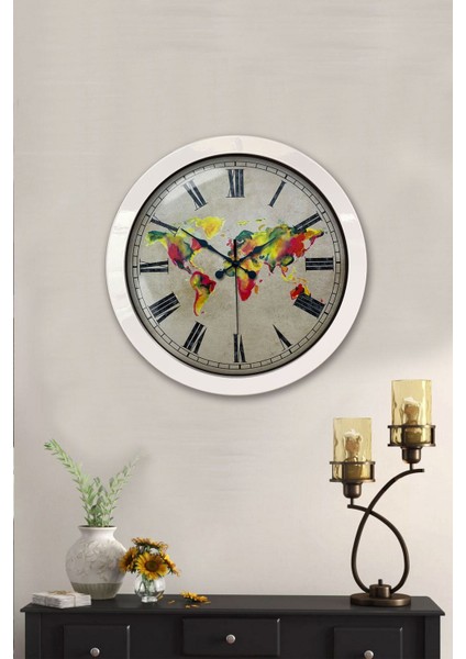 Beyaz Metal Harita Desenli 36 cm Duvar Saati, Şık ve Kullanışlı Dekoratif Saat fiyatları