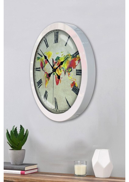 Beyaz Metal Harita Desenli 36 cm Duvar Saati, Şık ve Kullanışlı Dekoratif Saat modelleri