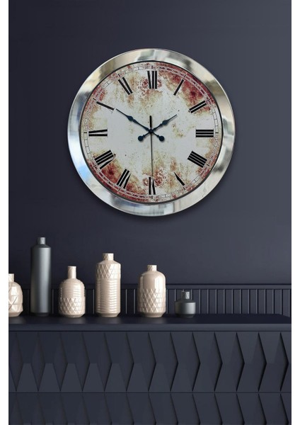 36 cm Krom Metal Eskitme Duvar Saati, Şık ve Modern Dekoratif Ürün