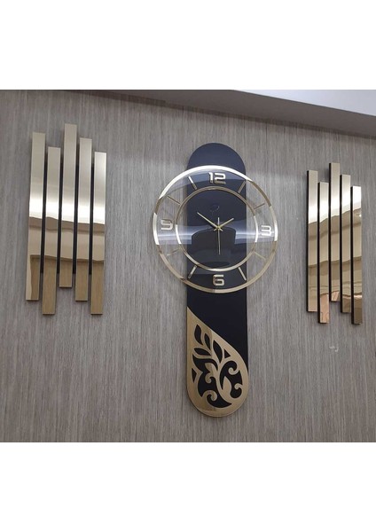 Şık 3'lü Duvar Saati Seti, Lambiri Yan Dekor, Rakam ve Aynalı Pleksi Tasarım