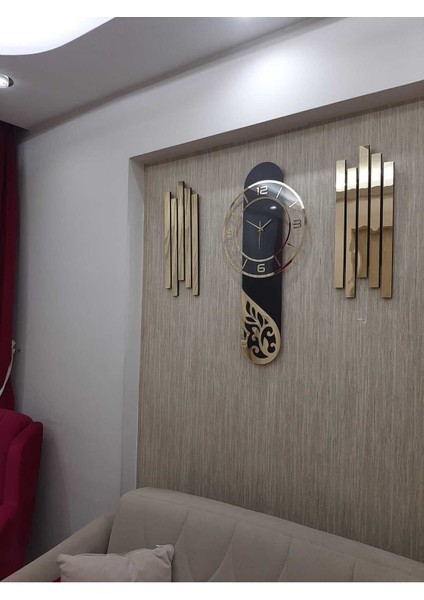 Şık 3'lü Duvar Saati Seti, Lambiri Yan Dekor, Rakam ve Aynalı Pleksi Tasarım modelleri