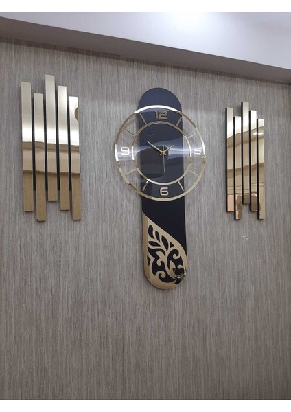 Şık 3'lü Duvar Saati Seti, Lambiri Yan Dekor, Rakam ve Aynalı Pleksi Tasarım indirimleri