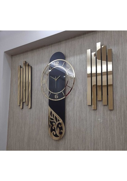Şık 3'lü Duvar Saati Seti, Lambiri Yan Dekor, Rakam ve Aynalı Pleksi Tasarım