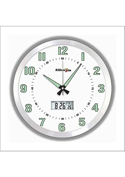 40 cm Büyük Aluminyum Duvar Saati, Fosforlu, Sessiz, Saniyeli ve Termometreli