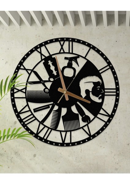 Şık Siyah Metal Duvar Saati, 60X60CM, Roma Rakamlı, Kuaför Temalı
