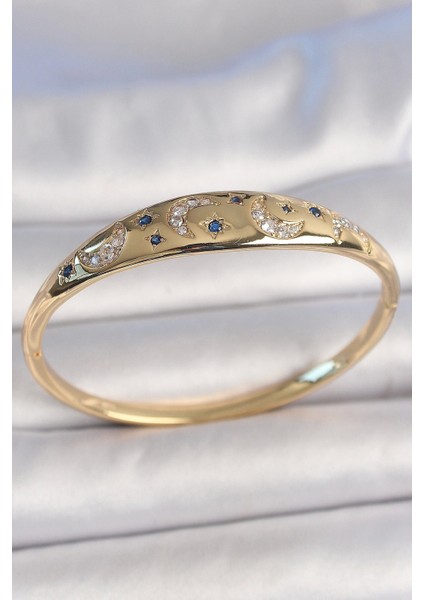 Pirinç Gold Renk Zirkon Taşlı Hilal Işleme Mavi Taşlı Yıldız Detay Kadın Kelepçe - TJ-BB6920