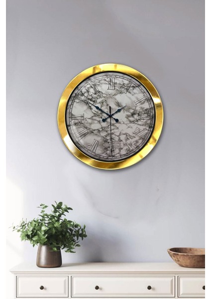 Şık 36 cm Gold Metal ve Mermer Tasarımlı Duvar Saati, Hediye Seçeneği
