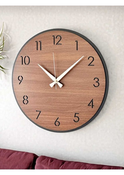 Siyah Detaylı Ahşap Duvar Saati, 45 Cm, Doğal ve Şık Tasarım