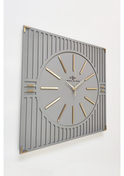 Kare Çizgi Desenli Ayna ve Saat Seti, Antrasit ve Gold, 50X50CM