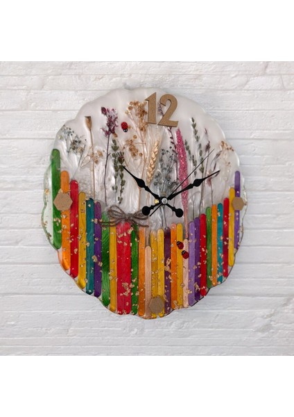 Renkli Çiçekler Temalı Duvar Saati, 30 cm Çap, Şık ve Modern Tasarım