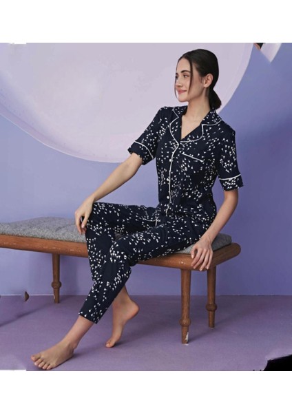 Kadın Büyük Beden Gömlek Yaka Pamuklu Likralı Kısa Kol Pijama Takımı 1130 - 1 Adet