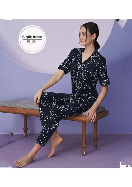 Kadın Büyük Beden Gömlek Yaka Pamuklu Likralı Kısa Kol Pijama Takımı 1130 - 1 Adet fiyatları